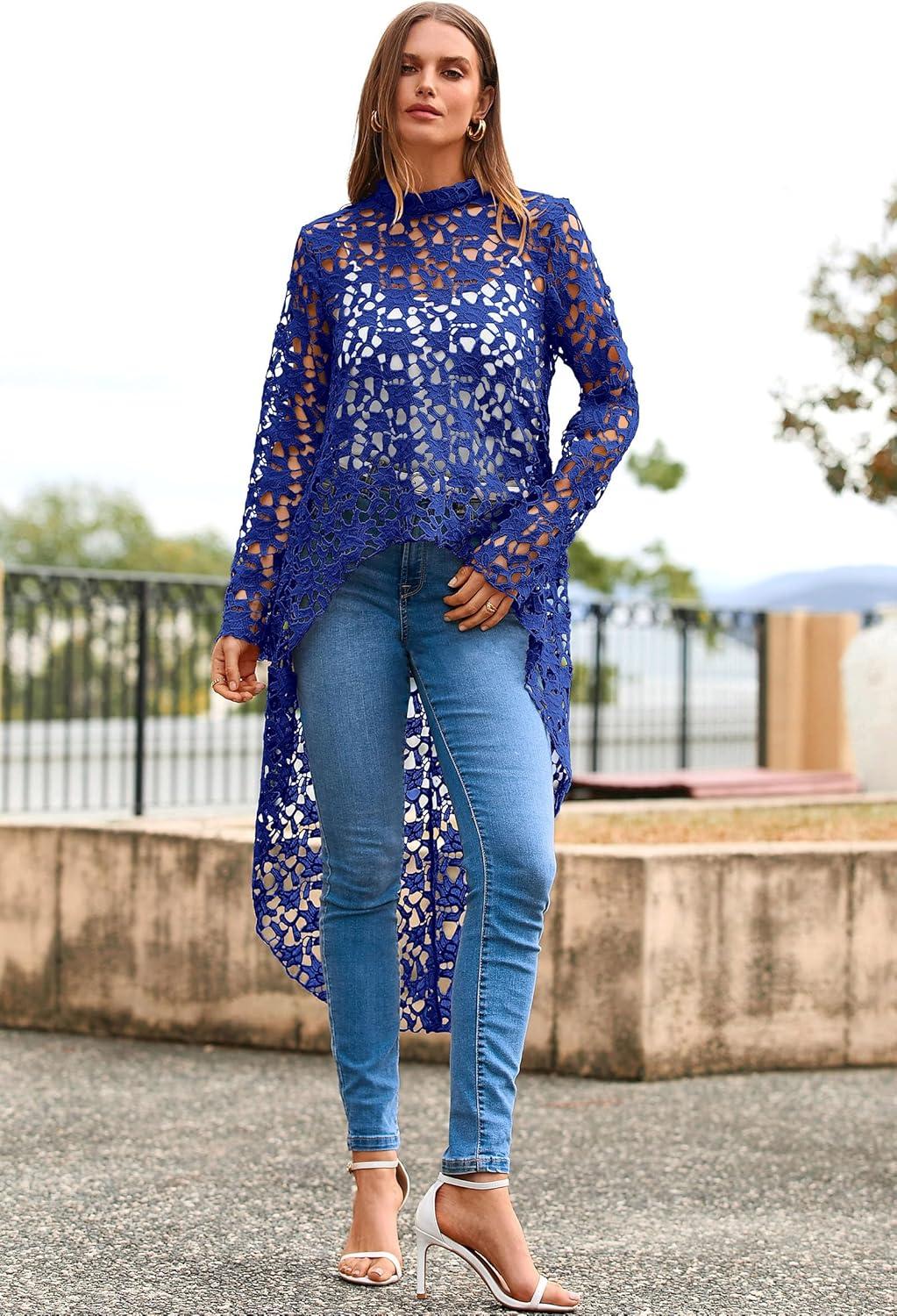imagePRETTYGARDEN Womens Long Sleeve Round Neck High Low Asymmetrical Irregular Hem Casual Tops Blouse Shirt DressBlue