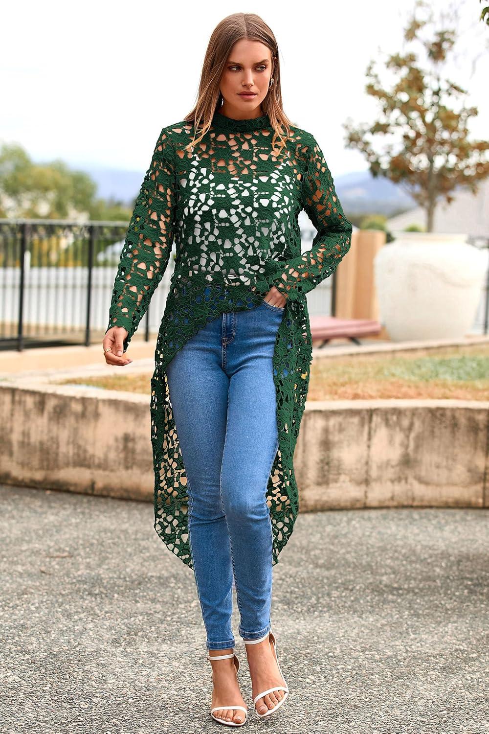 imagePRETTYGARDEN Womens Long Sleeve Round Neck High Low Asymmetrical Irregular Hem Casual Tops Blouse Shirt DressDark Green