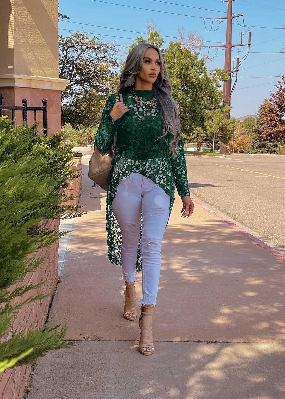 imagePRETTYGARDEN Womens Long Sleeve Round Neck High Low Asymmetrical Irregular Hem Casual Tops Blouse Shirt DressDark Green