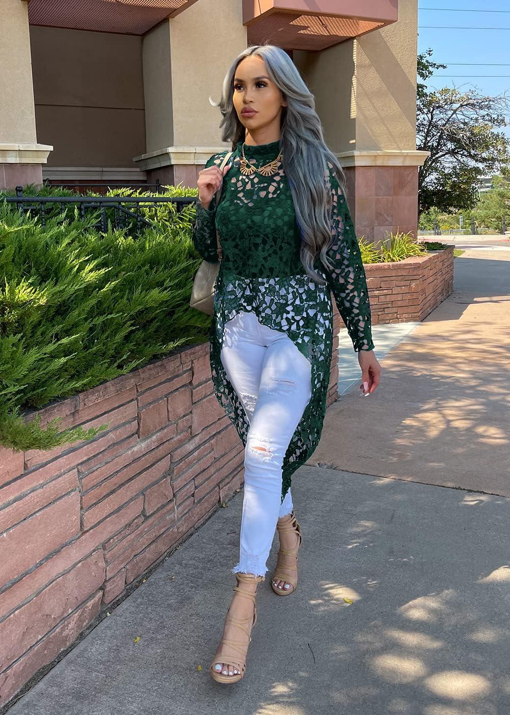 imagePRETTYGARDEN Womens Long Sleeve Round Neck High Low Asymmetrical Irregular Hem Casual Tops Blouse Shirt DressDark Green