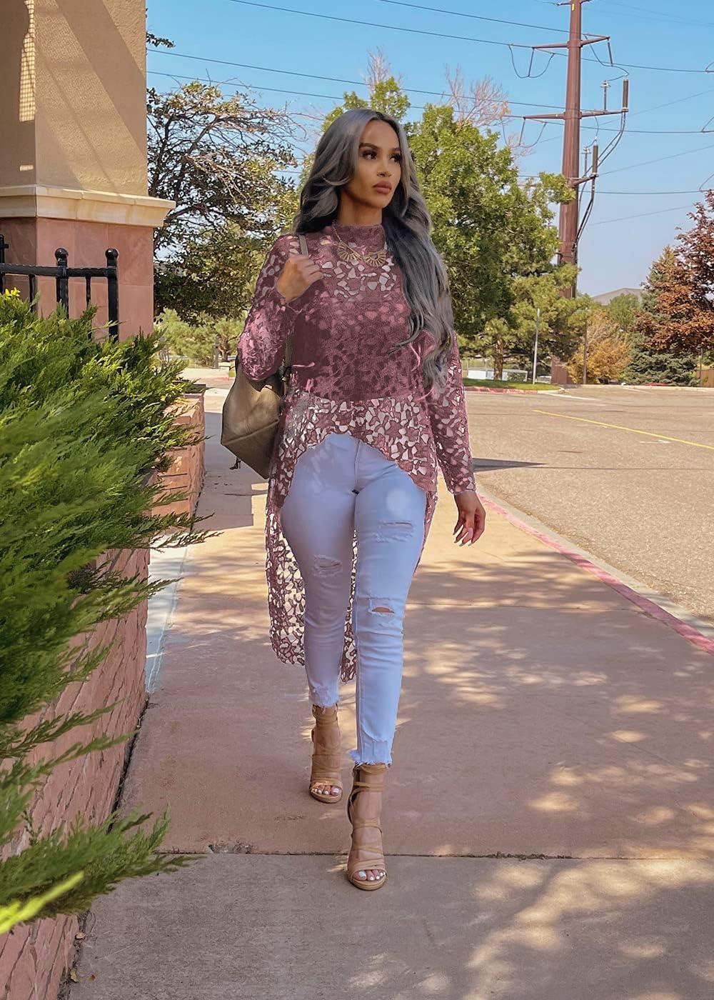 imagePRETTYGARDEN Womens Long Sleeve Round Neck High Low Asymmetrical Irregular Hem Casual Tops Blouse Shirt DressDusty Pink
