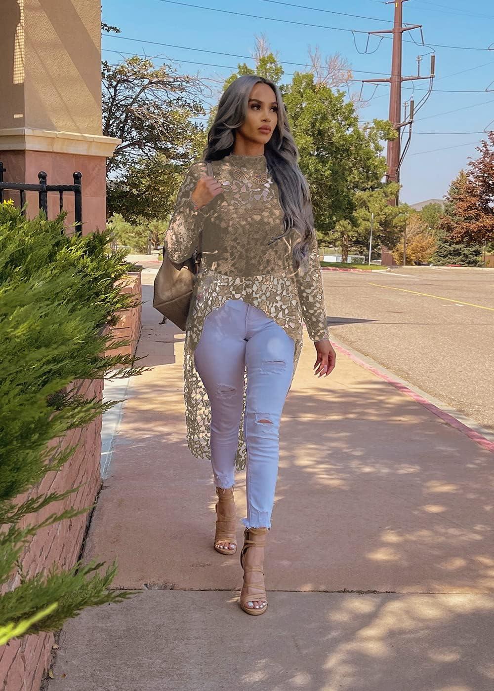 imagePRETTYGARDEN Womens Long Sleeve Round Neck High Low Asymmetrical Irregular Hem Casual Tops Blouse Shirt DressKhaki
