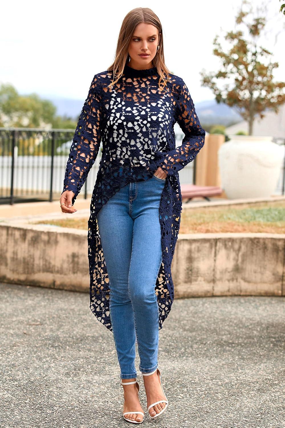 imagePRETTYGARDEN Womens Long Sleeve Round Neck High Low Asymmetrical Irregular Hem Casual Tops Blouse Shirt DressNavy