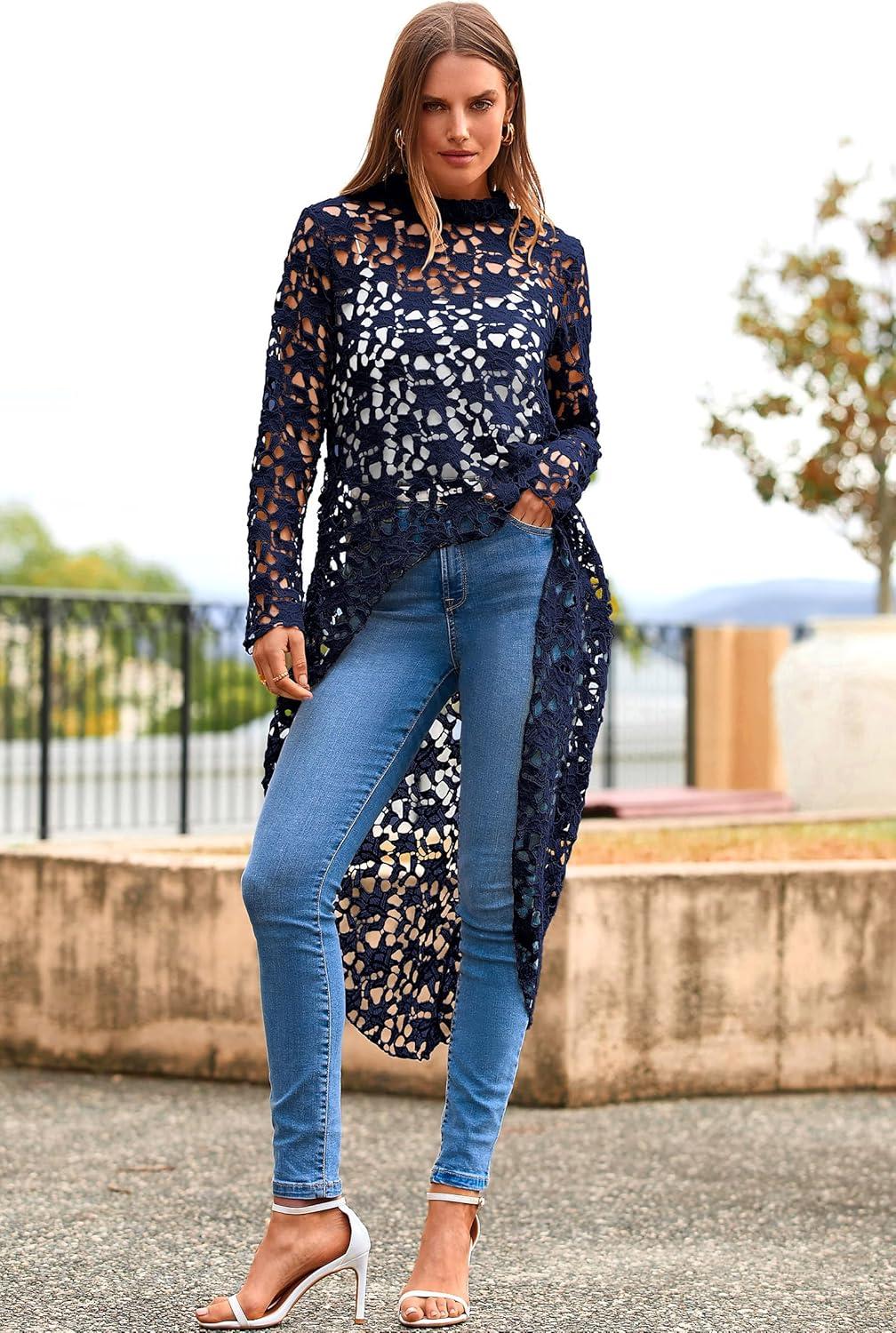 imagePRETTYGARDEN Womens Long Sleeve Round Neck High Low Asymmetrical Irregular Hem Casual Tops Blouse Shirt DressNavy