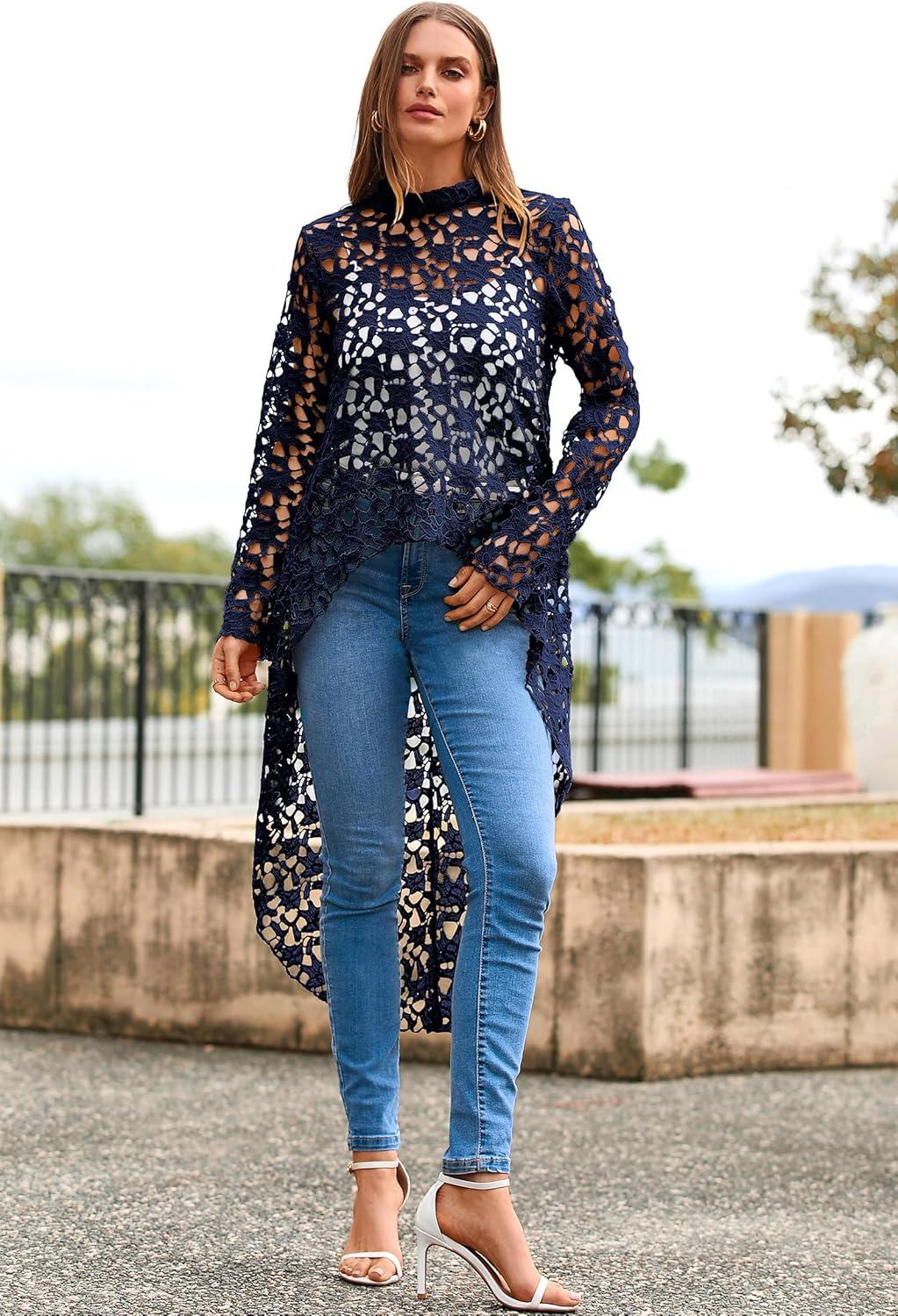 imagePRETTYGARDEN Womens Long Sleeve Round Neck High Low Asymmetrical Irregular Hem Casual Tops Blouse Shirt DressNavy