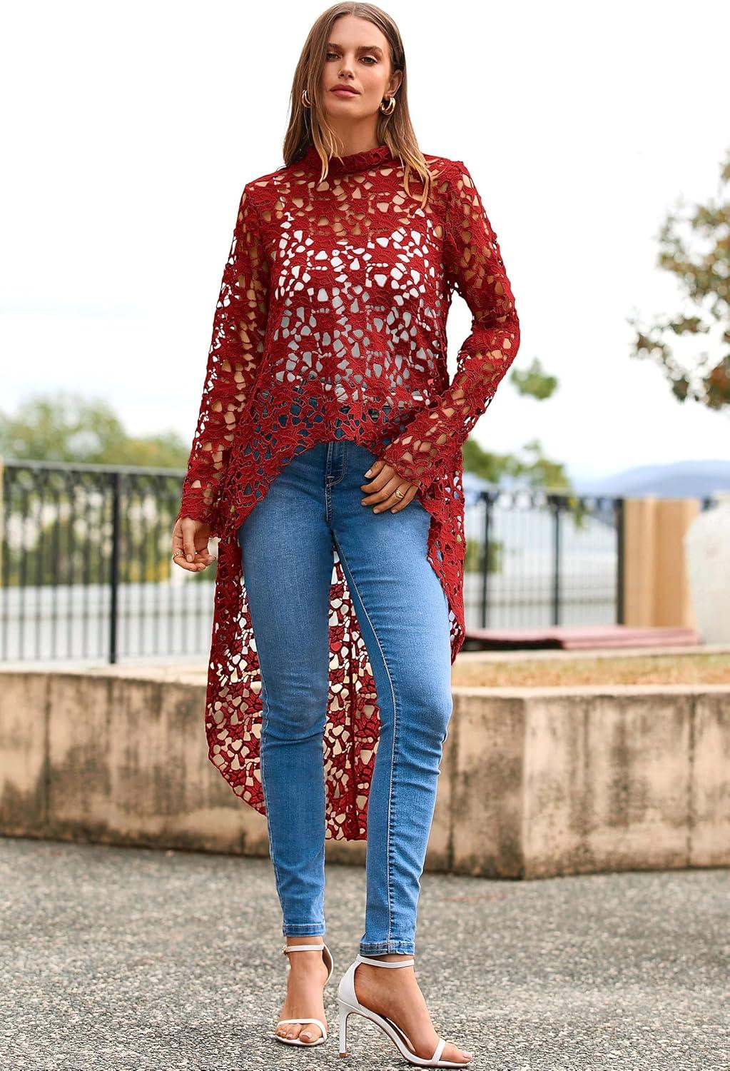 imagePRETTYGARDEN Womens Long Sleeve Round Neck High Low Asymmetrical Irregular Hem Casual Tops Blouse Shirt DressRed