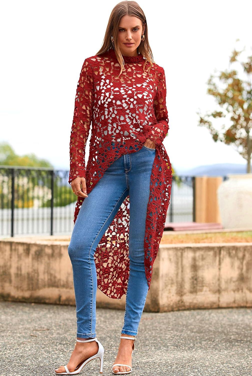 imagePRETTYGARDEN Womens Long Sleeve Round Neck High Low Asymmetrical Irregular Hem Casual Tops Blouse Shirt DressRed