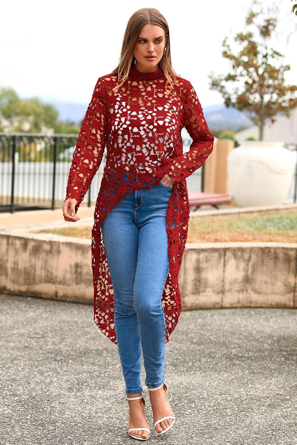 imagePRETTYGARDEN Womens Long Sleeve Round Neck High Low Asymmetrical Irregular Hem Casual Tops Blouse Shirt DressRed