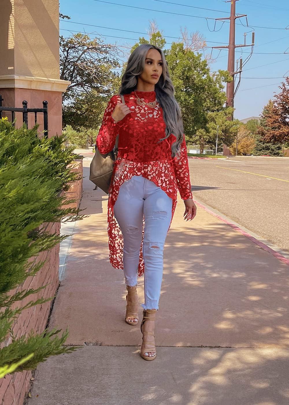 imagePRETTYGARDEN Womens Long Sleeve Round Neck High Low Asymmetrical Irregular Hem Casual Tops Blouse Shirt DressRed