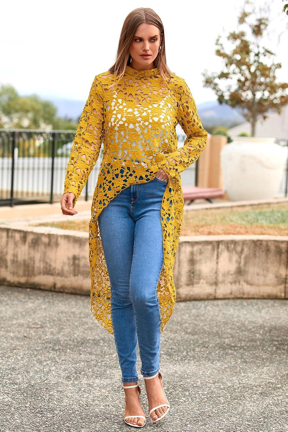 imagePRETTYGARDEN Womens Long Sleeve Round Neck High Low Asymmetrical Irregular Hem Casual Tops Blouse Shirt DressTurmeric