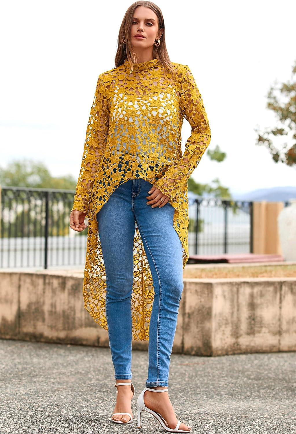 imagePRETTYGARDEN Womens Long Sleeve Round Neck High Low Asymmetrical Irregular Hem Casual Tops Blouse Shirt DressTurmeric