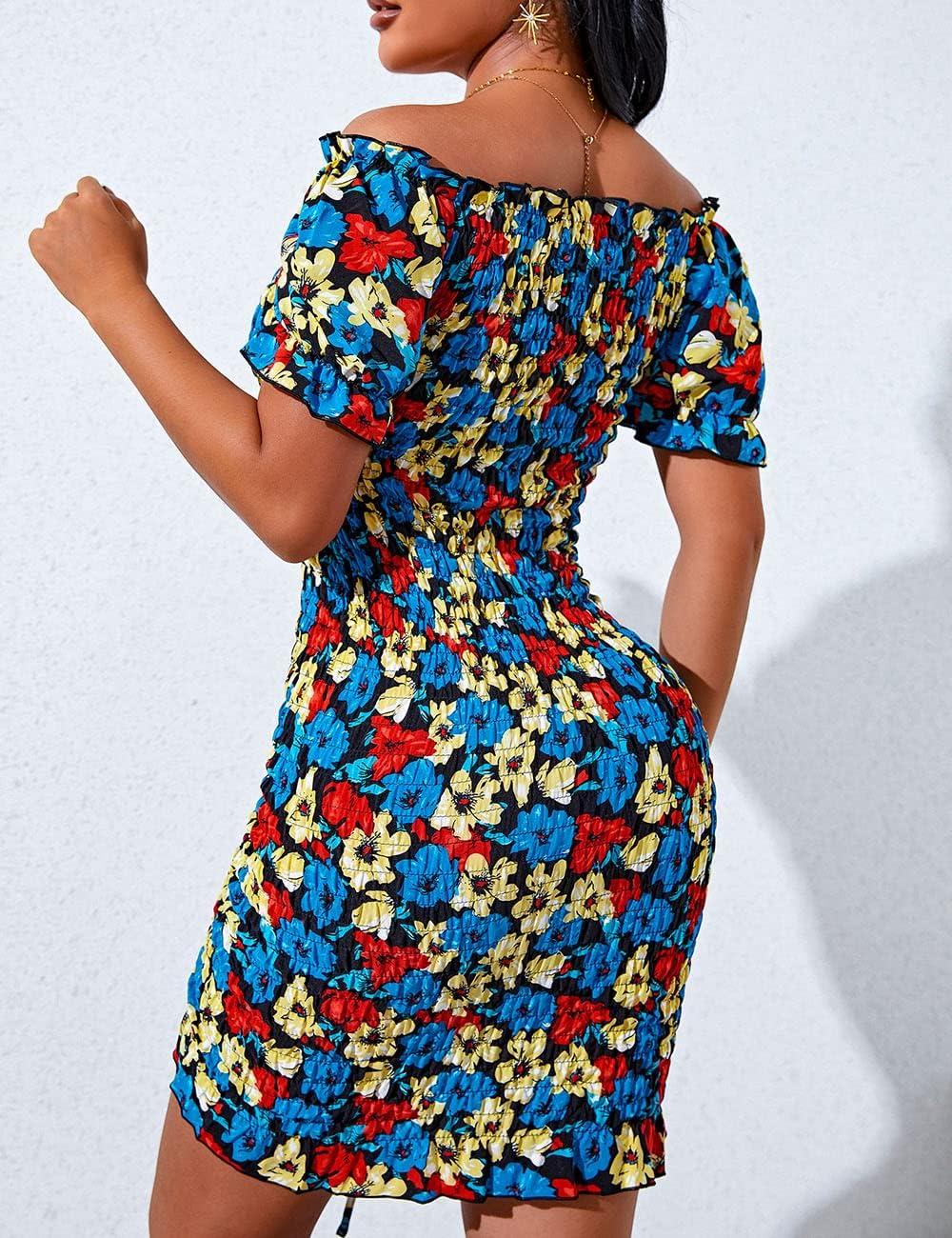 imagePRETTYGARDEN Womens Summer Off Shoulder Bodycon Dresses Short Sleeve Drawstring Sexy Mini Party Club Smocked DressBlack Blue