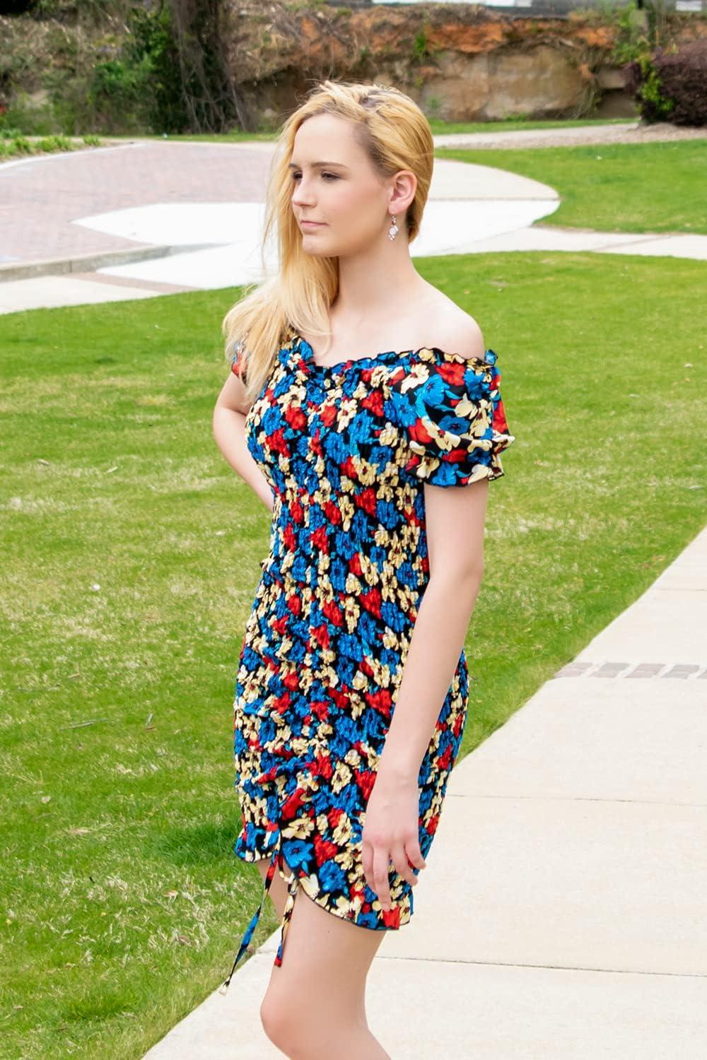 imagePRETTYGARDEN Womens Summer Off Shoulder Bodycon Dresses Short Sleeve Drawstring Sexy Mini Party Club Smocked DressBlack Blue