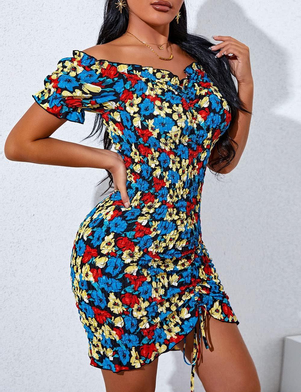 imagePRETTYGARDEN Womens Summer Off Shoulder Bodycon Dresses Short Sleeve Drawstring Sexy Mini Party Club Smocked DressBlack Blue