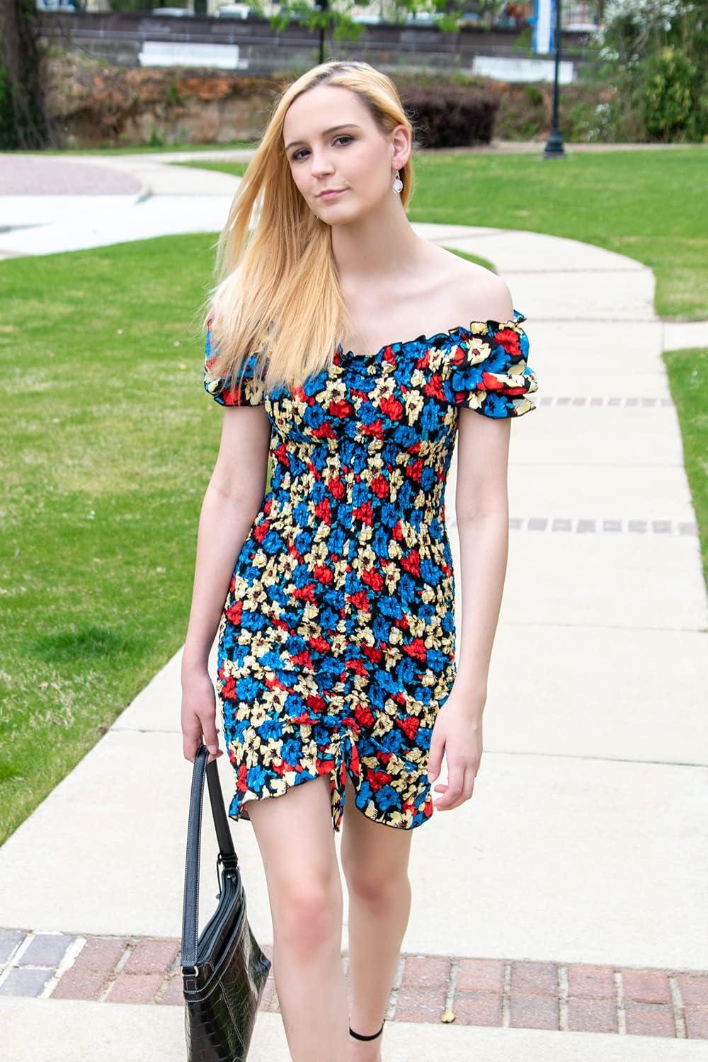 imagePRETTYGARDEN Womens Summer Off Shoulder Bodycon Dresses Short Sleeve Drawstring Sexy Mini Party Club Smocked DressBlack Blue
