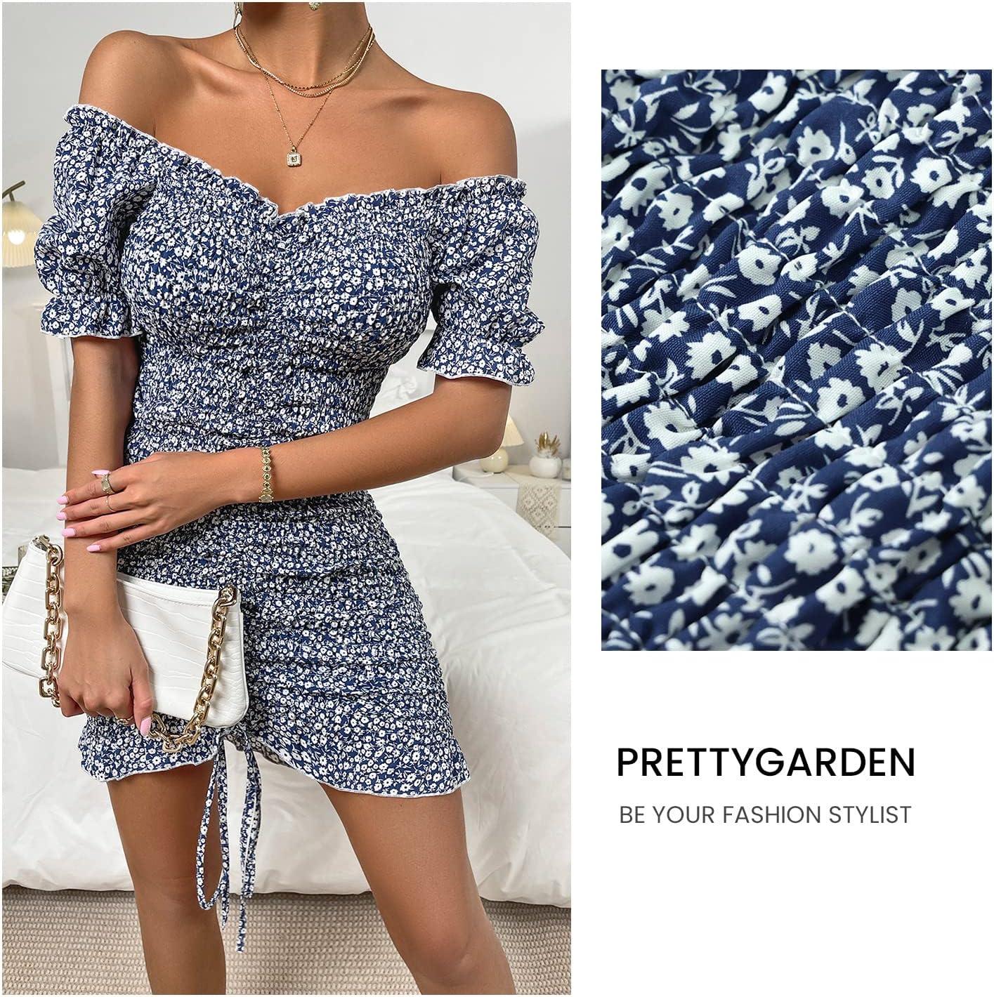 imagePRETTYGARDEN Womens Summer Off Shoulder Bodycon Dresses Short Sleeve Drawstring Sexy Mini Party Club Smocked DressRoyal Blue White Floral