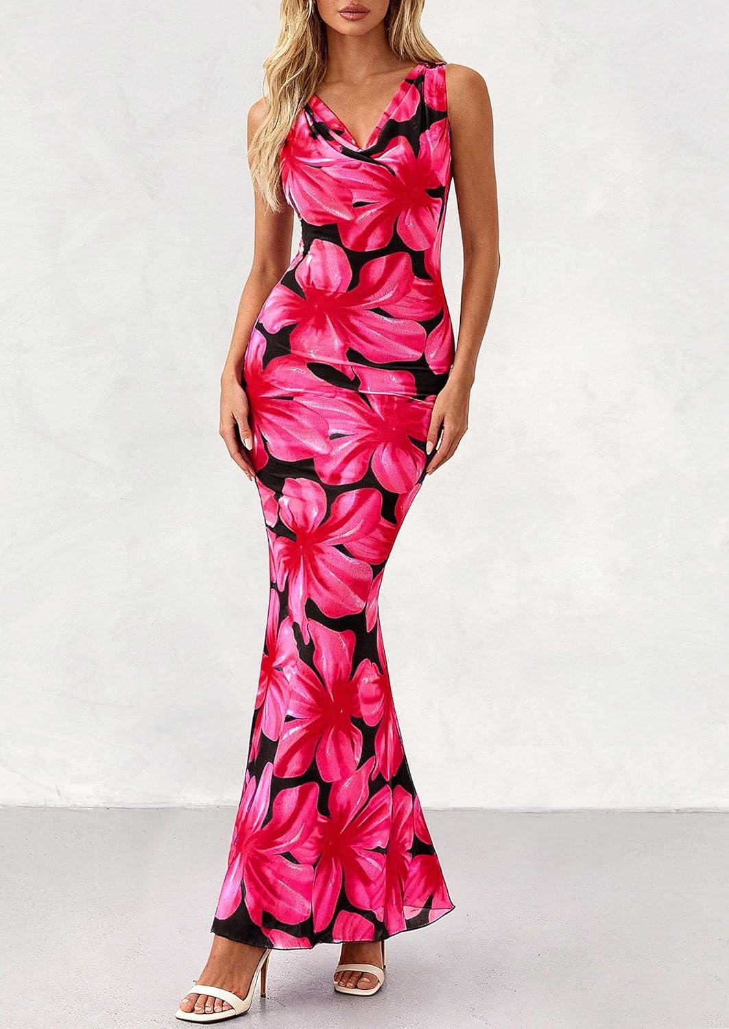 imagePRETTYGARDEN Womens Wedding Guest Dresses Summer 2026 Cowl Neck Sleeveless Bodycon Beach Vacation Party Floral Maxi DressBlack Pink Flower
