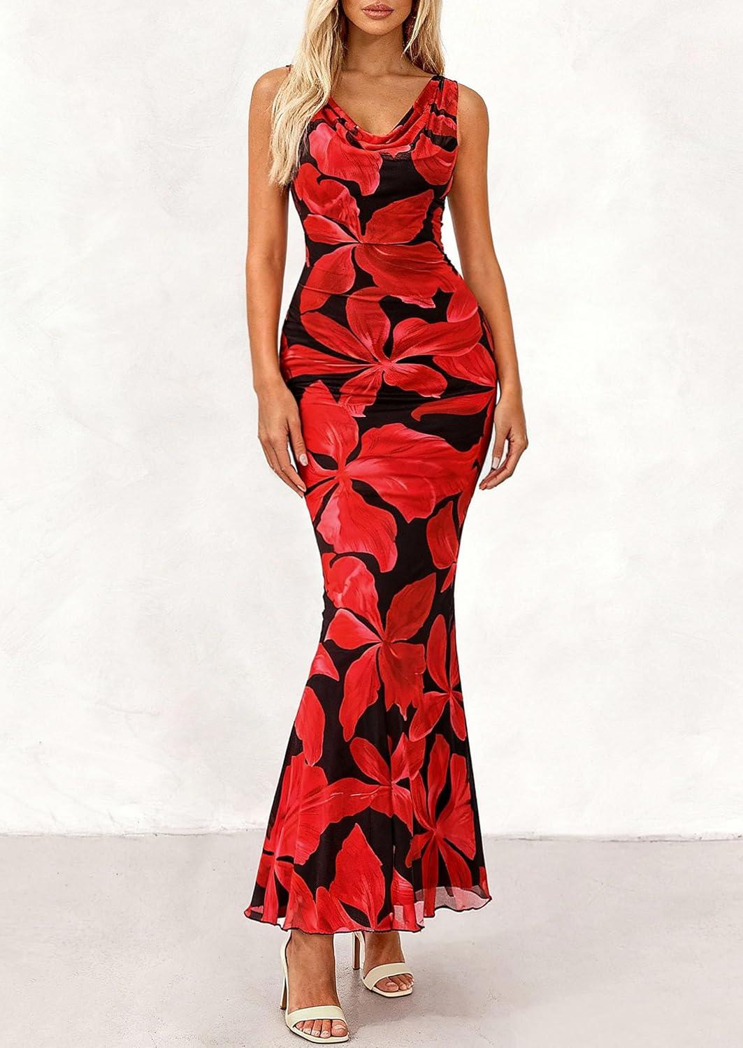 imagePRETTYGARDEN Womens Wedding Guest Dresses Summer 2026 Cowl Neck Sleeveless Bodycon Beach Vacation Party Floral Maxi DressBlack Red Flower