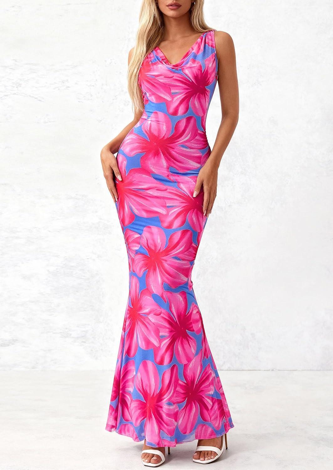 imagePRETTYGARDEN Womens Wedding Guest Dresses Summer 2026 Cowl Neck Sleeveless Bodycon Beach Vacation Party Floral Maxi DressBlue Pink Flower