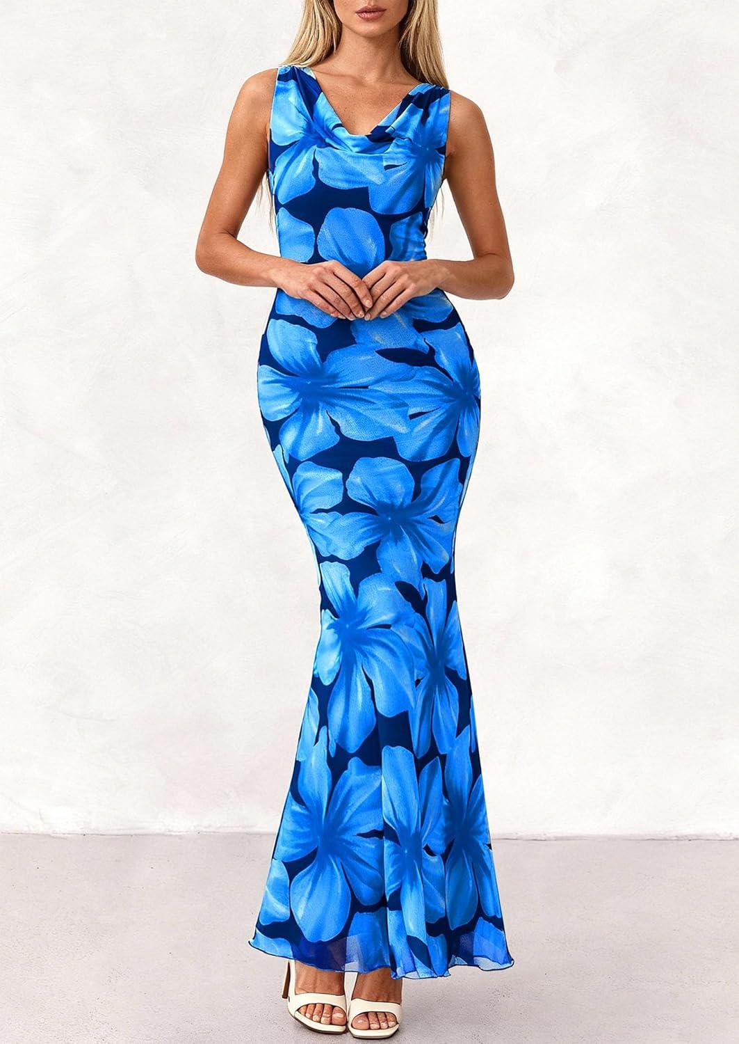 imagePRETTYGARDEN Womens Wedding Guest Dresses Summer 2026 Cowl Neck Sleeveless Bodycon Beach Vacation Party Floral Maxi DressFloral Blue