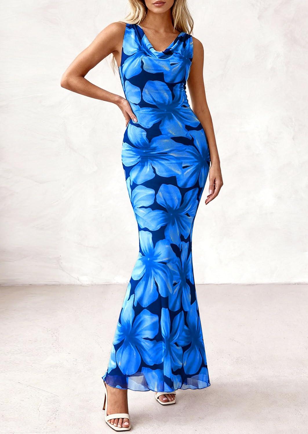 imagePRETTYGARDEN Womens Wedding Guest Dresses Summer 2026 Cowl Neck Sleeveless Bodycon Beach Vacation Party Floral Maxi DressFloral Blue