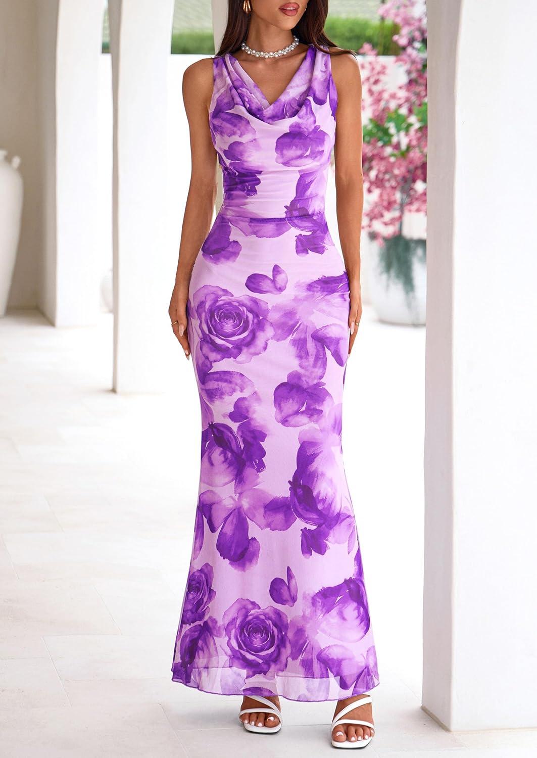imagePRETTYGARDEN Womens Wedding Guest Dresses Summer 2026 Cowl Neck Sleeveless Bodycon Beach Vacation Party Floral Maxi DressFloral Purple