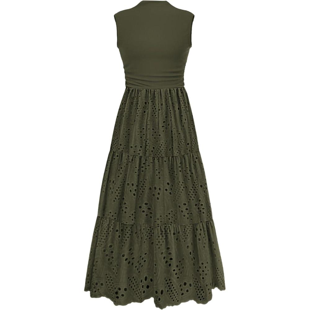 imagePRETTYGARDEN Summer Dresses for Women 2026 Casual Eyelet Sleeveless Wedding Guest Maxi Dress Tank Top Sundress with PocketsArmy Green