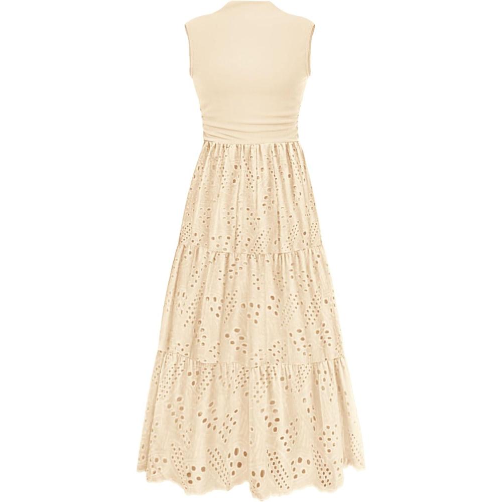imagePRETTYGARDEN Summer Dresses for Women 2026 Casual Eyelet Sleeveless Wedding Guest Maxi Dress Tank Top Sundress with PocketsBeige