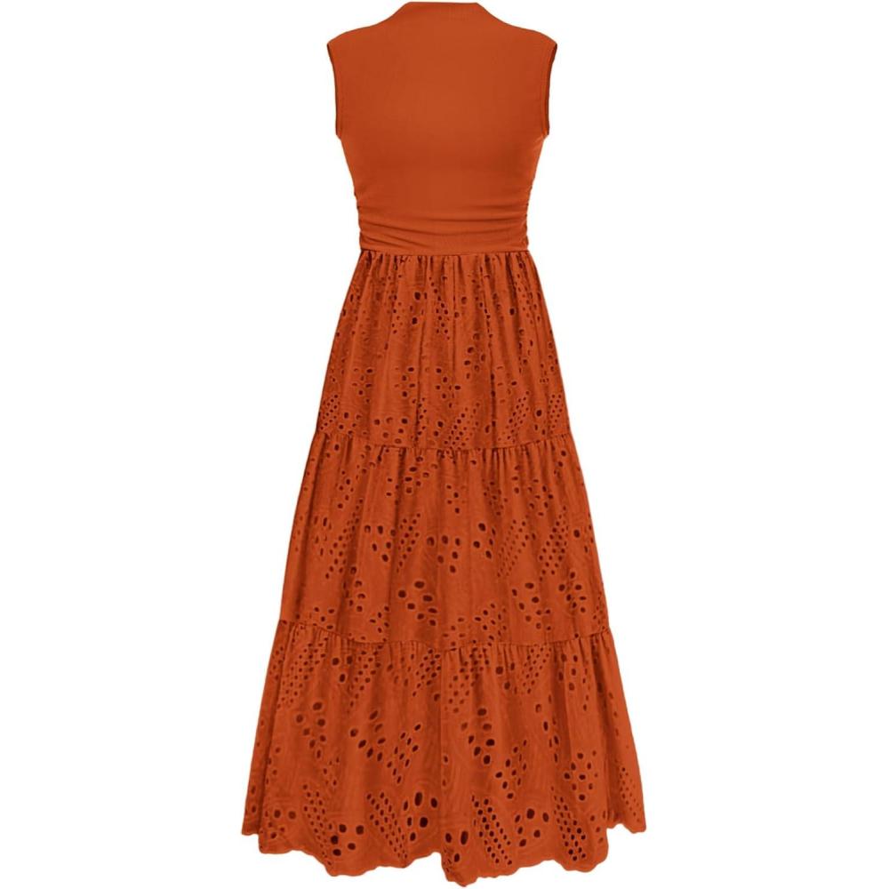 imagePRETTYGARDEN Summer Dresses for Women 2026 Casual Eyelet Sleeveless Wedding Guest Maxi Dress Tank Top Sundress with PocketsBrick Red