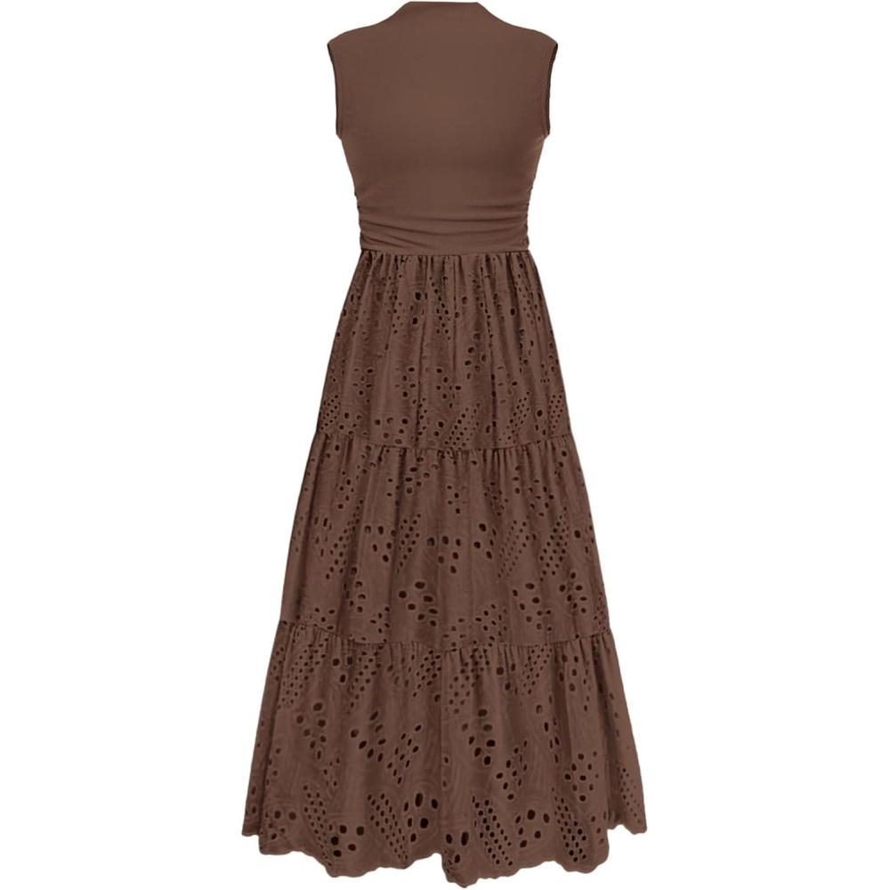 imagePRETTYGARDEN Summer Dresses for Women 2026 Casual Eyelet Sleeveless Wedding Guest Maxi Dress Tank Top Sundress with PocketsBrown