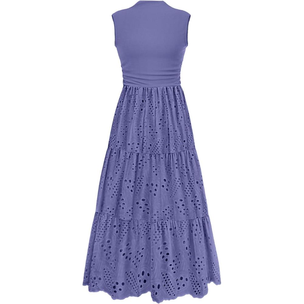 imagePRETTYGARDEN Summer Dresses for Women 2026 Casual Eyelet Sleeveless Wedding Guest Maxi Dress Tank Top Sundress with PocketsDark Blue