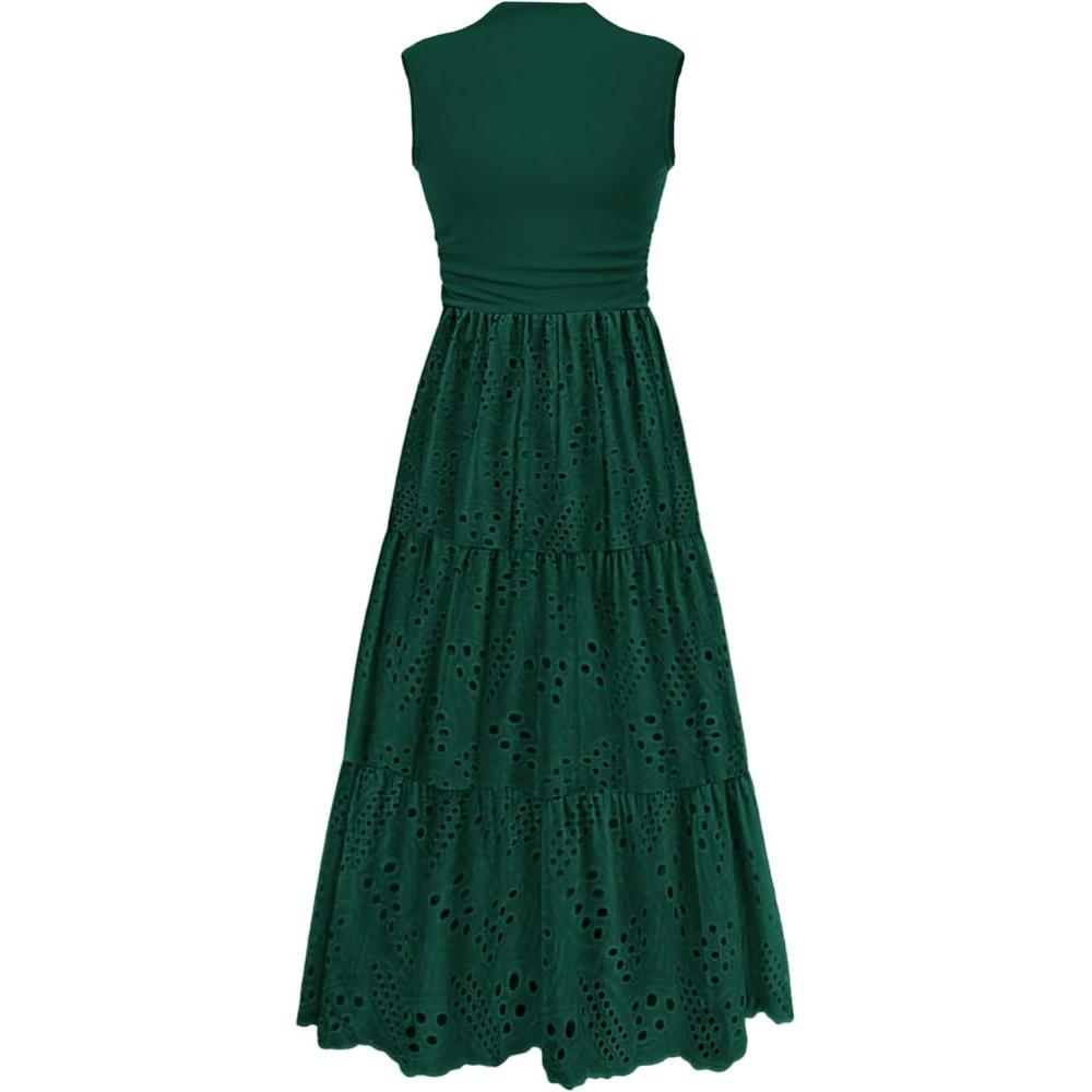 imagePRETTYGARDEN Summer Dresses for Women 2026 Casual Eyelet Sleeveless Wedding Guest Maxi Dress Tank Top Sundress with PocketsDark Green