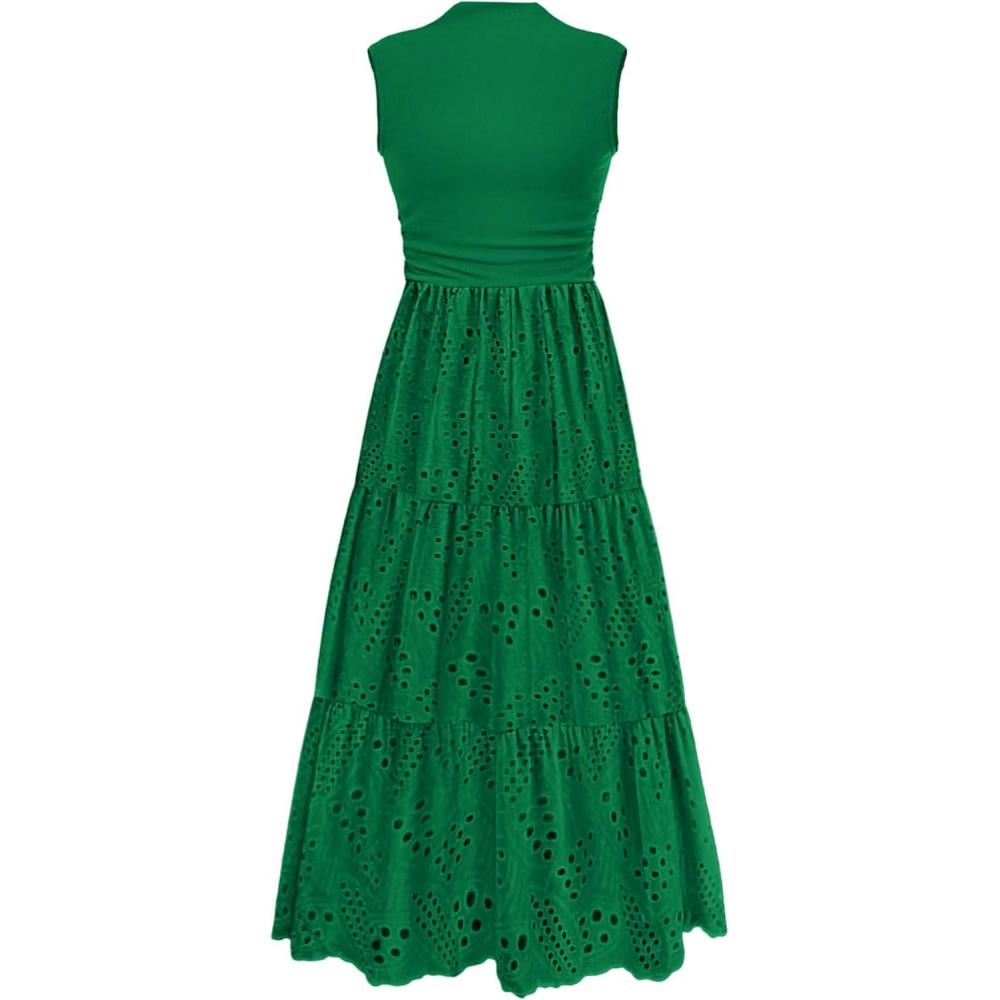 imagePRETTYGARDEN Summer Dresses for Women 2026 Casual Eyelet Sleeveless Wedding Guest Maxi Dress Tank Top Sundress with PocketsEmerald Green