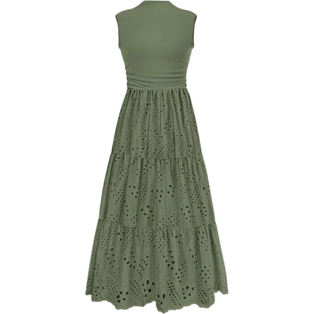 imagePRETTYGARDEN Summer Dresses for Women 2026 Casual Eyelet Sleeveless Wedding Guest Maxi Dress Tank Top Sundress with PocketsGreen