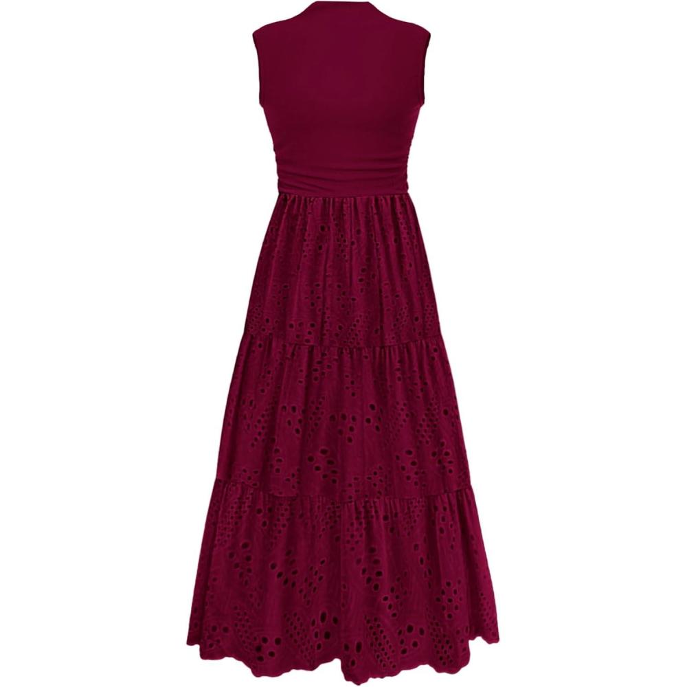imagePRETTYGARDEN Summer Dresses for Women 2026 Casual Eyelet Sleeveless Wedding Guest Maxi Dress Tank Top Sundress with PocketsJujube Red