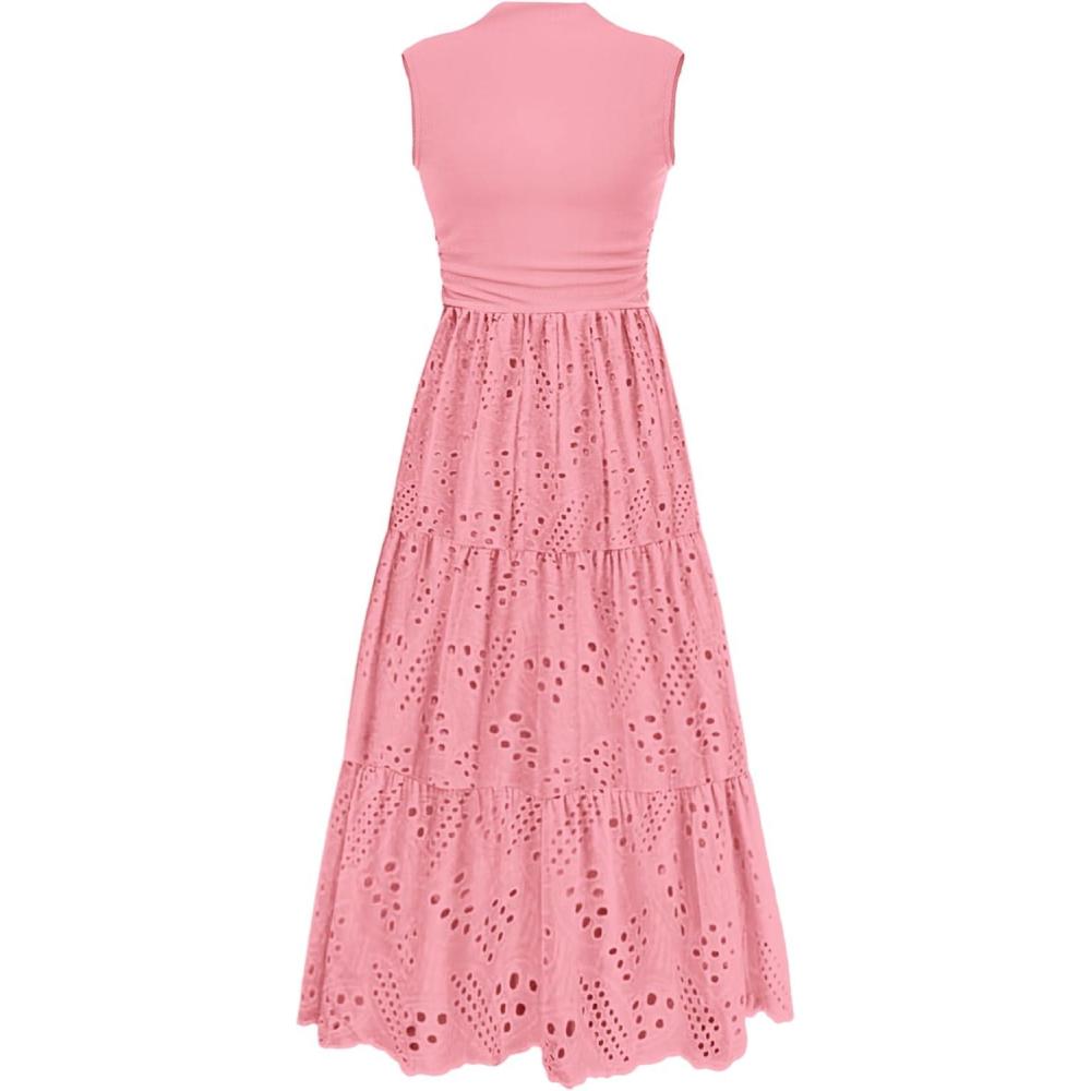 imagePRETTYGARDEN Summer Dresses for Women 2026 Casual Eyelet Sleeveless Wedding Guest Maxi Dress Tank Top Sundress with PocketsPink