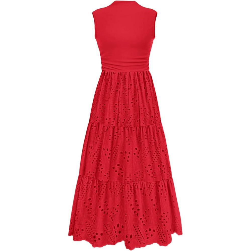 imagePRETTYGARDEN Summer Dresses for Women 2026 Casual Eyelet Sleeveless Wedding Guest Maxi Dress Tank Top Sundress with PocketsRed