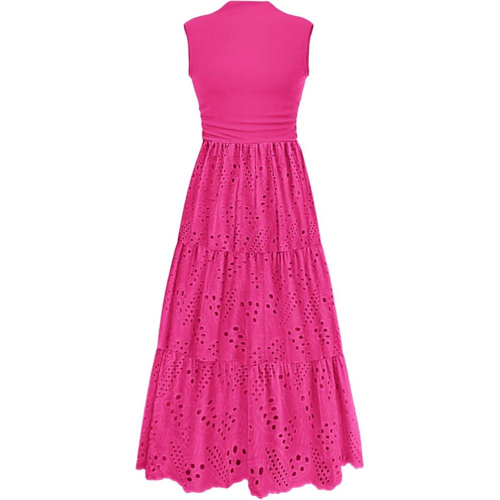 imagePRETTYGARDEN Summer Dresses for Women 2026 Casual Eyelet Sleeveless Wedding Guest Maxi Dress Tank Top Sundress with PocketsRose Red