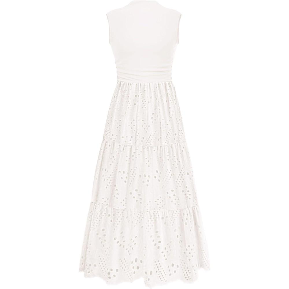 imagePRETTYGARDEN Summer Dresses for Women 2026 Casual Eyelet Sleeveless Wedding Guest Maxi Dress Tank Top Sundress with PocketsWhite