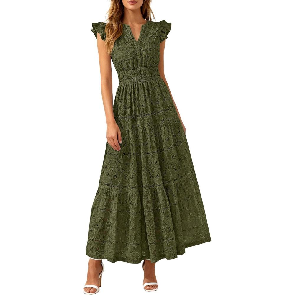 imagePRETTYGARDEN Womens Boho Maxi Dresses 2026 Summer Floral Lace Eyelet V Neck Spring Wedding Guest Dress Beach Vacation ClothesArmy Green