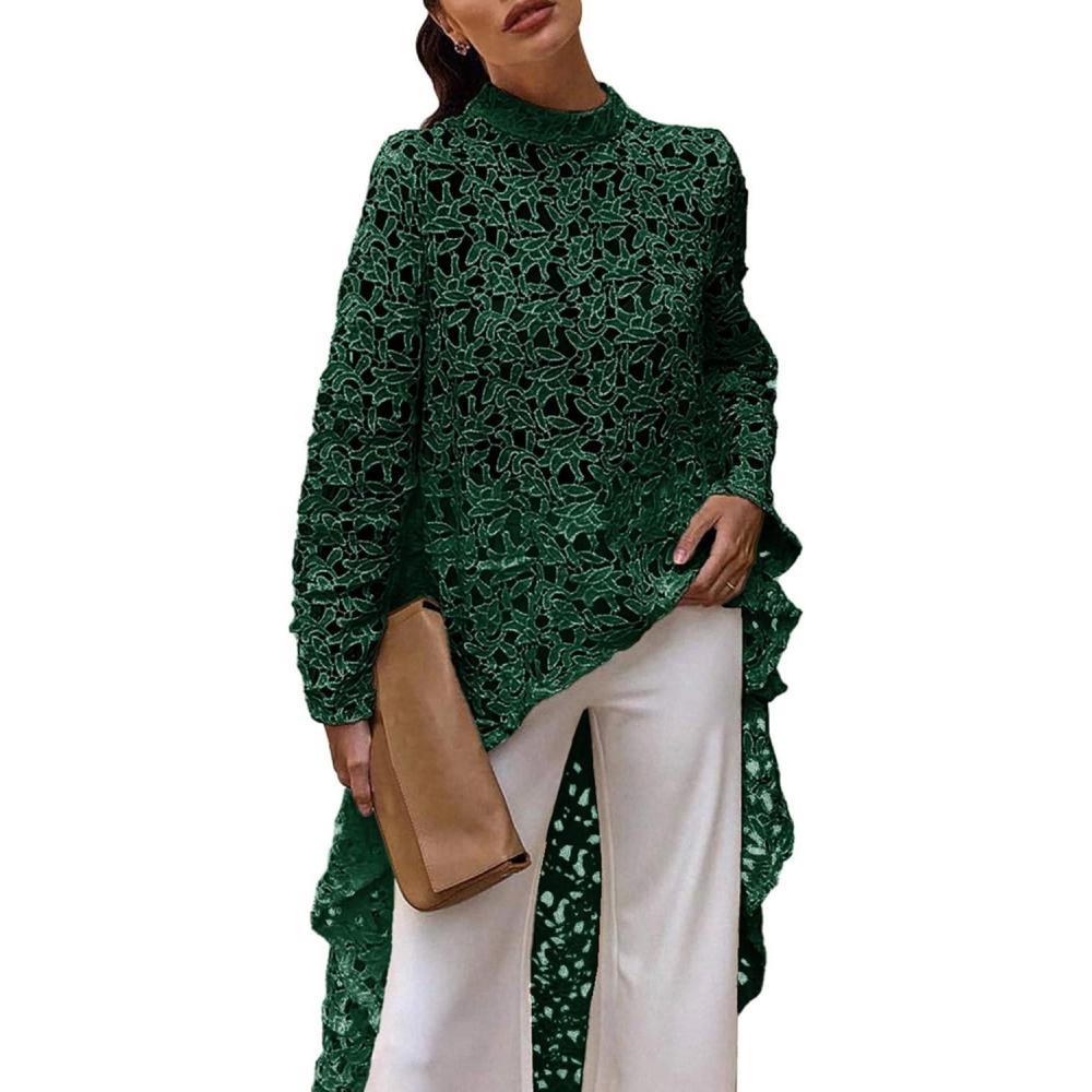 imagePRETTYGARDEN Womens Long Sleeve Round Neck High Low Asymmetrical Irregular Hem Casual Tops Blouse Shirt DressDark Green