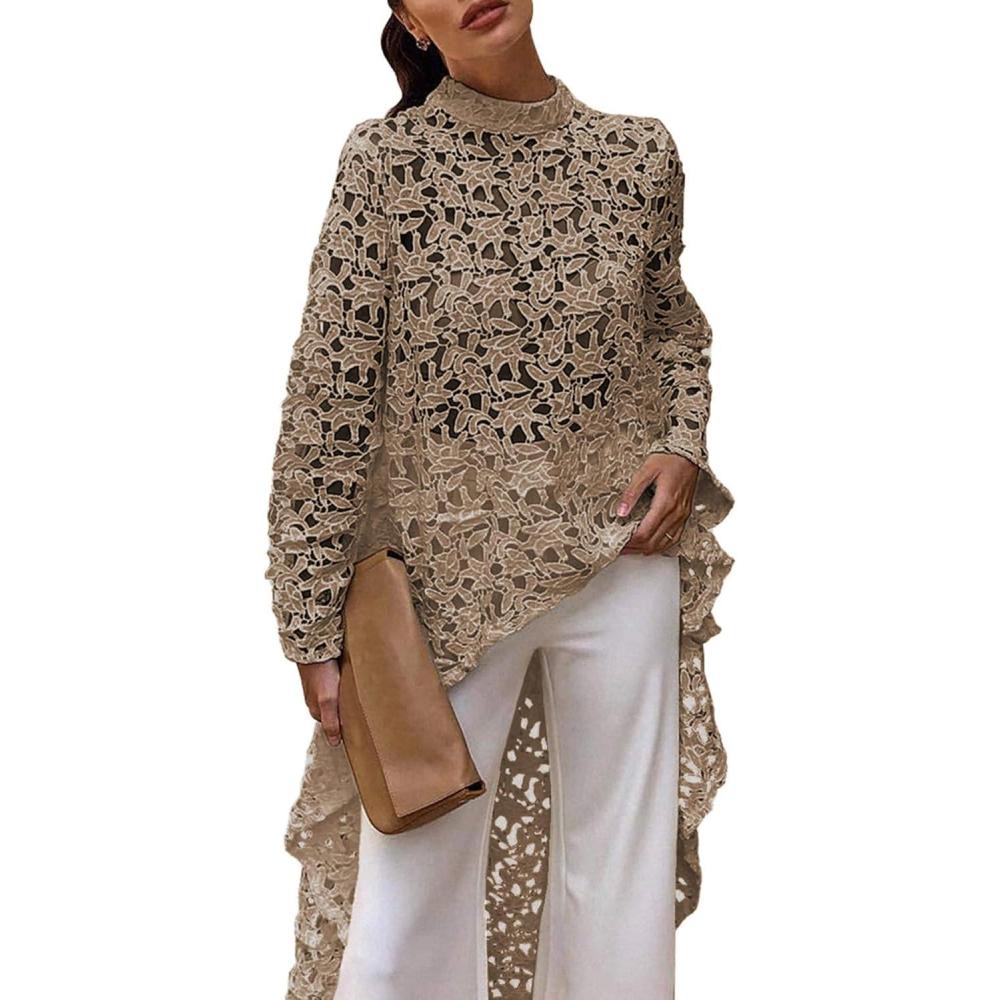 imagePRETTYGARDEN Womens Long Sleeve Round Neck High Low Asymmetrical Irregular Hem Casual Tops Blouse Shirt DressKhaki