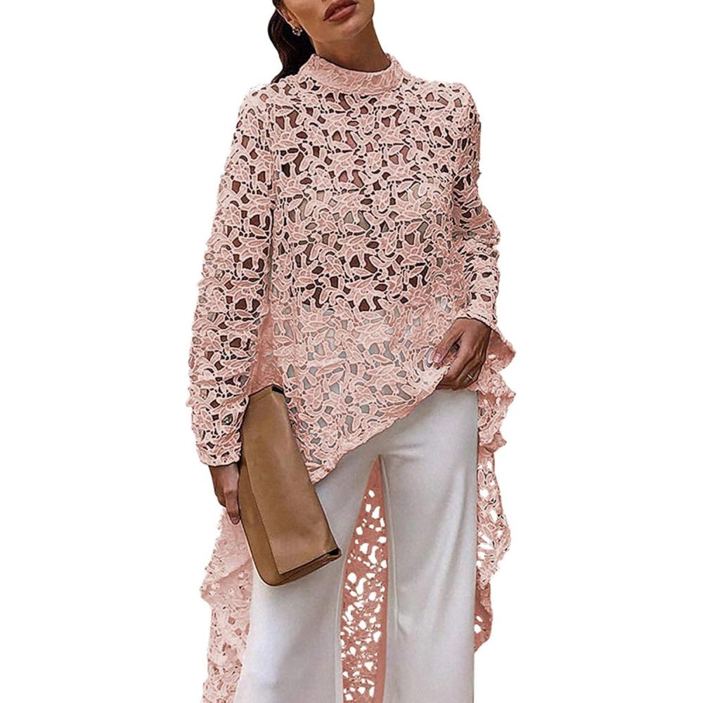 imagePRETTYGARDEN Womens Long Sleeve Round Neck High Low Asymmetrical Irregular Hem Casual Tops Blouse Shirt DressPink