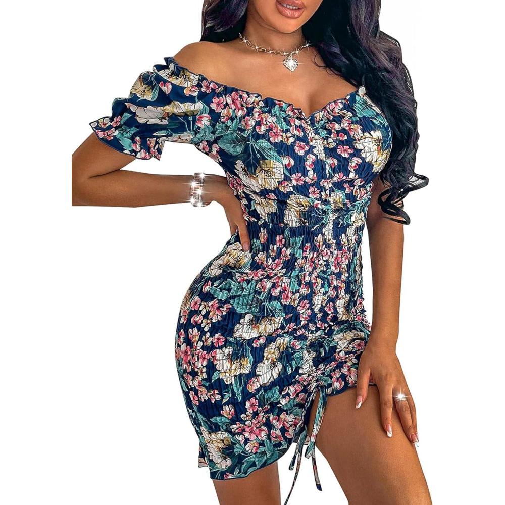 imagePRETTYGARDEN Womens Summer Off Shoulder Bodycon Dresses Short Sleeve Drawstring Sexy Mini Party Club Smocked DressRoyal Blue