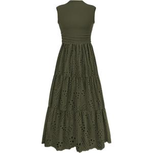 PRETTYGARDEN Summer Dresses for Women 2026 Casual Eyelet Sleeveless Wedding Guest Maxi Dress Tank Top Sundress with Pockets(Army Green)