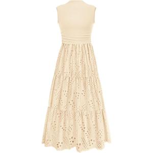 PRETTYGARDEN Summer Dresses for Women 2026 Casual Eyelet Sleeveless Wedding Guest Maxi Dress Tank Top Sundress with Pockets(Beige)