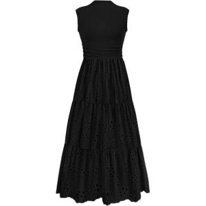 PRETTYGARDEN Summer Dresses for Women 2026 Casual Eyelet Sleeveless Wedding Guest Maxi Dress Tank Top Sundress with Pockets(Black)
