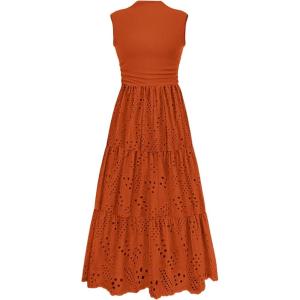 PRETTYGARDEN Summer Dresses for Women 2026 Casual Eyelet Sleeveless Wedding Guest Maxi Dress Tank Top Sundress with Pockets(Brick Red)
