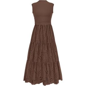 PRETTYGARDEN Summer Dresses for Women 2026 Casual Eyelet Sleeveless Wedding Guest Maxi Dress Tank Top Sundress with Pockets(Brown)