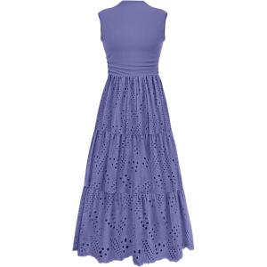 PRETTYGARDEN Summer Dresses for Women 2026 Casual Eyelet Sleeveless Wedding Guest Maxi Dress Tank Top Sundress with Pockets(Dark Blue)